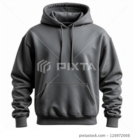 Gray Cotton Hoodie with Hood and Drawstrings Apparel on White Background 128972008