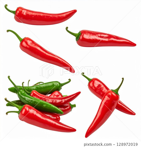 Assorted Red and Green Chili Peppers on a White Background in Sharp Focus 128972019