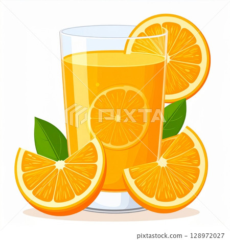 Refreshing Orange Juice with Sliced Oranges and Green Leaves on White Background 128972027