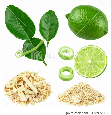 Lime Assortment with Green Leaves Slices and Dried Zest on White Background 128972032
