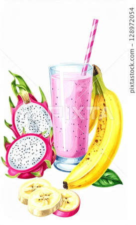 Vibrant Pink Dragon Fruit Smoothie with Banana and Striped Straw on White Vibrant Pink Dragon Fruit Smoothie with Banana and Striped Straw on White 128972054