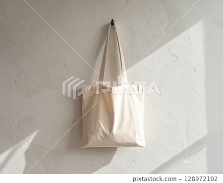 Beige Cotton Tote Bag Hanging Against Textured Wall in Bright Sunlight Interior Setting 128972102