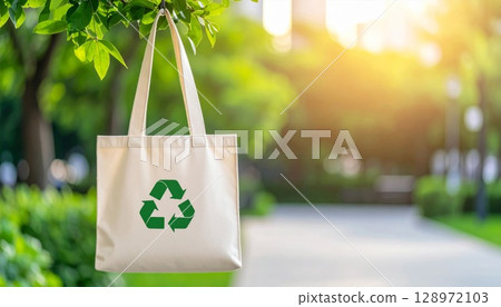 Canvas Tote Bag Hanging from Tree Branch with Recycle Symbol in Sunny Park 128972103