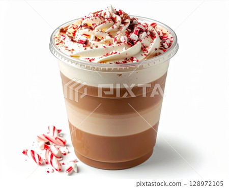 Layered Chocolate Drink with Whipped Cream and Peppermint Sprinkles on White 128972105