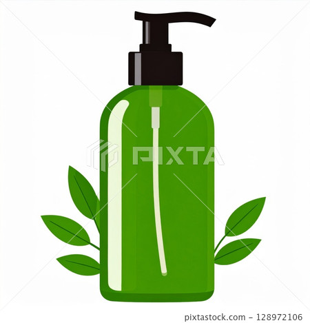 Green Bottle with Pump and Leaves Pixelated Digital Illustration Mockup 128972106