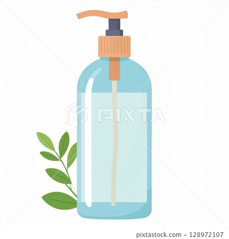 Clear Pump Bottle Dispenser with Leaf Branch on White Background Vector Art 128972107