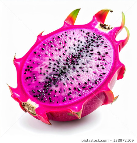 Vibrant Pink Dragon Fruit Half with Black Seeds on White Background Studio Shot 128972109