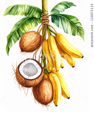 Watercolor Illustration of Ripe Bananas and Coconuts Hanging from Palm Tree Branch Watercolor Illustration of Ripe Bananas and Coconuts Hanging from Palm Tree Branch 128972114