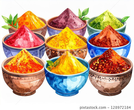 Watercolor Illustration of Various Spices in Brown and Blue Bowls Isolated 128972184