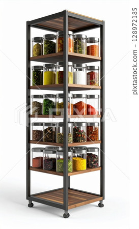 Spice Collection in Jars on Wooden and Metal Shelves on White Background 128972185