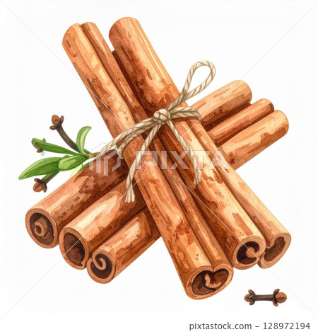 Watercolor Illustration of Cinnamon Sticks Tied with Twine with Cloves on White 128972194