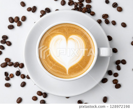 Latte Art Heart Shape in White Cup Surrounded by Coffee Beans on Light Backdrop 128972198