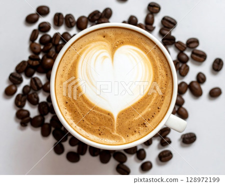 Latte Art Coffee with Heart Shape in White Cup and Coffee Beans Around Latte Art Coffee with Heart Shape in White Cup and Coffee Beans Around 128972199