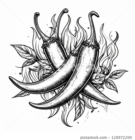 Three Black and White Chili Peppers with Leaves and Flames Illustration Three Black and White Chili Peppers with Leaves and Flames Illustration 128972200