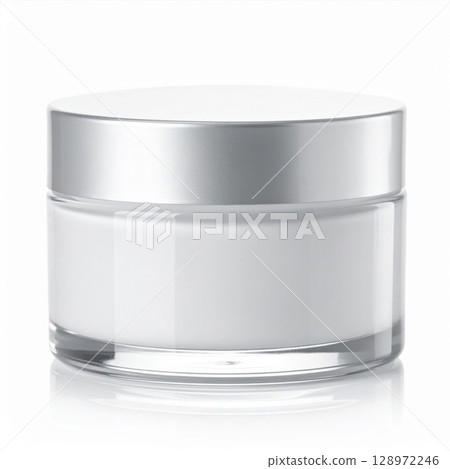 Cosmetic Cream Jar in Clear Glass Container With Silver Lid on White Background 128972246