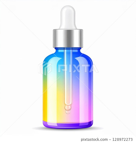 Cosmetic Dropper Bottle with a Gradient of Blue Yellow and Purple Isolated 128972273