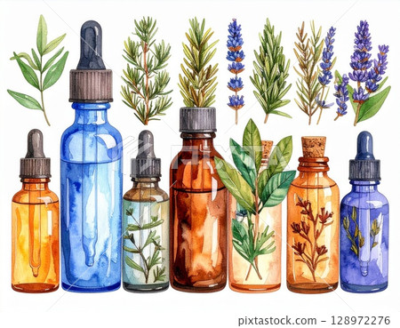 Watercolor Assortment of Essential Oil Bottles with Herbs and Floral Accents on White 128972276