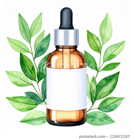 Amber Bottle with Dropper and Green Leaves Isolated on White Background in Watercolor 128972287