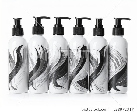 Six White Cosmetic Bottles with Black Pumps and Artistic Black Swirls Pattern 128972317