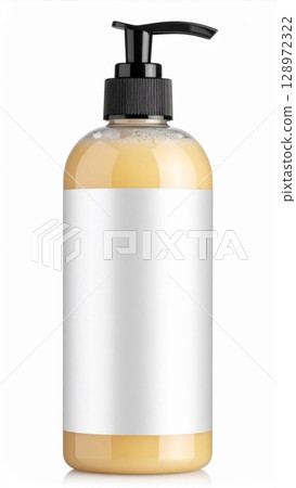 Transparent Bottle with Yellow Liquid and Black Pump Dispenser on White Background 128972322
