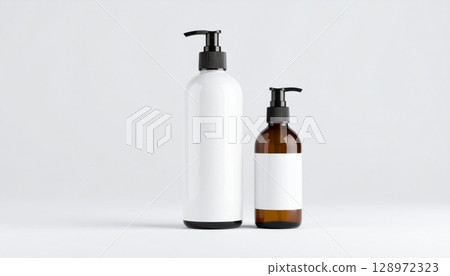 White And Brown Pump Bottles Mockup For Cosmetic Products On Plain Background 128972323