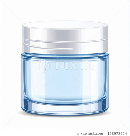 Blue Cosmetic Cream Jar with Shiny Silver Lid on White Background Illustration 128972324