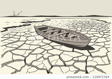 Drought-stricken land, stranded boat. Cracked earth, vanishing water. Climate change impact, environmental crisis. Drought-stricken land, stranded boat. Cracked earth, vanishing water. Climate change impact, environmental crisis. 128972364