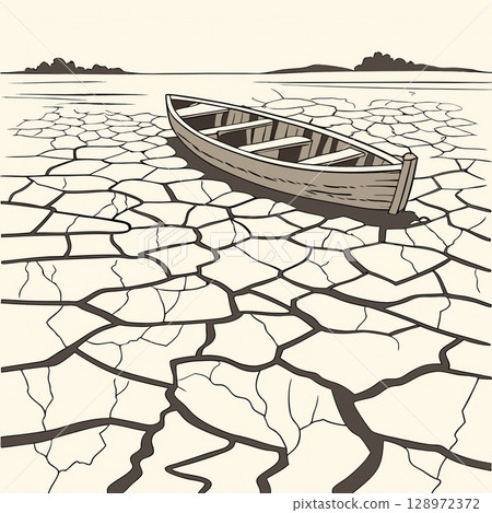 Drought-stricken land, stranded boat. Cracked earth, vanishing water. Climate change impact, environmental crisis. 128972372