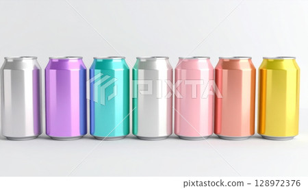 Pastel Toned Aluminum Cans in a Row Displayed on White Seamless Background in Studio Light 128972376