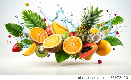 Colorful Tropical Fruits with Water Splash on White Backdrop in a Studio Shot 128972400