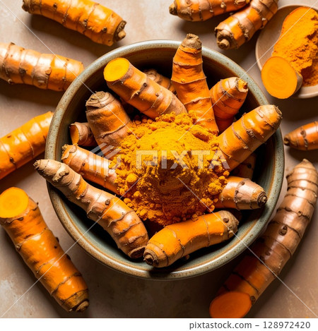 Overhead View of Fresh Turmeric Roots and Powder in Bowl Against Beige Background 128972420