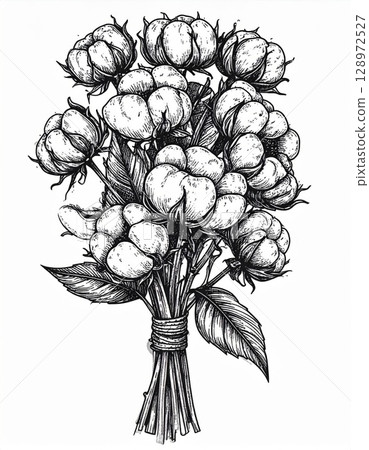 Monochrome Cotton Bouquet with Fluffy Bolls and Delicate Floral Design Elements 128972527