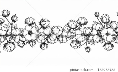 Delicate Black and White Floral Pattern with Artistic Elements on White Background 128972528