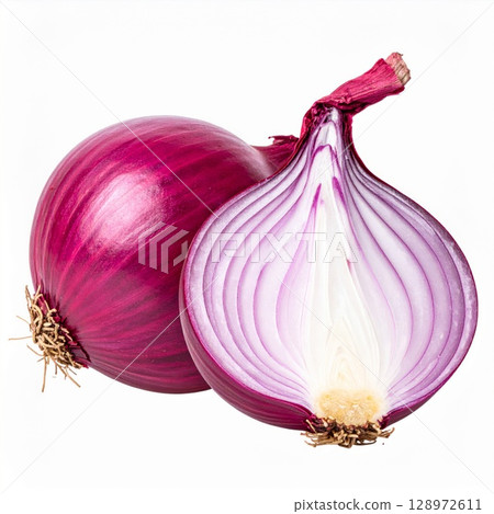 Two Fresh Red Onions One Cut in Half Isolated on White a Culinary Herb 128972611
