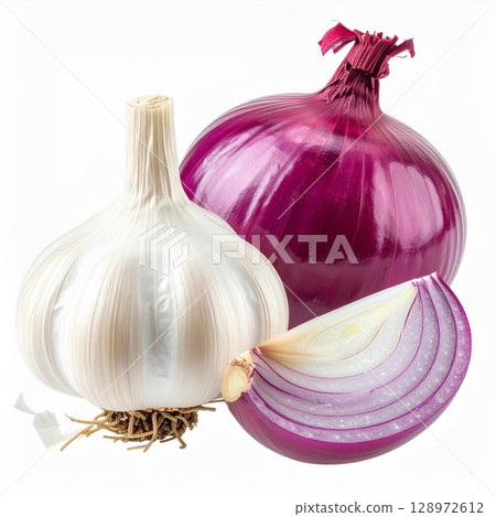 Close Up of Garlic Bulb Red Onion and Slice Isolated on White Background Close Up of Garlic Bulb Red Onion and Slice Isolated on White Background 128972612