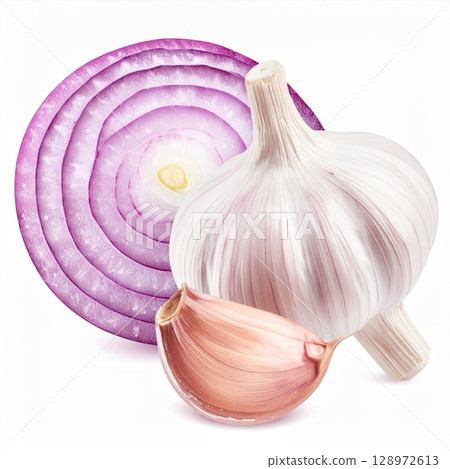 Vibrant Still Life of Red Onion Slice and Garlic Cloves Against White Backdrop 128972613