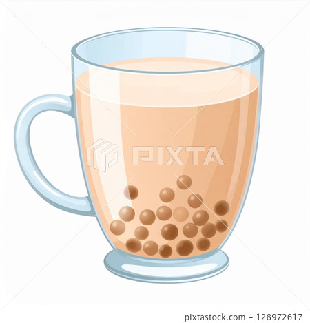 Illustration of Sweet Boba Tea in a Clear Glass Mug with Brown Tapioca Pearls 128972617