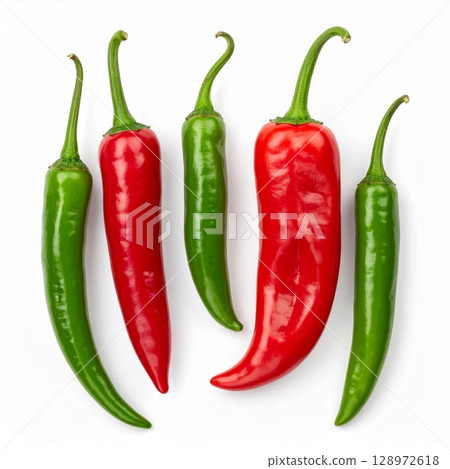 Assorted Red and Green Chili Peppers Grouped on a Clean White Background in Studio Lighting 128972618
