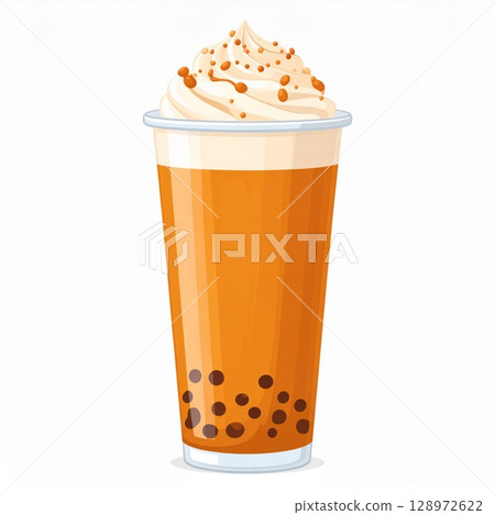 Pixelated Boba Tea with Tapioca Pearls and Whipped Cream in Plastic Cup on White 128972622