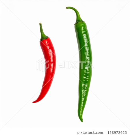 Close Up of Red and Green Chili Peppers Isolated on White Background Studio Shot 128972623