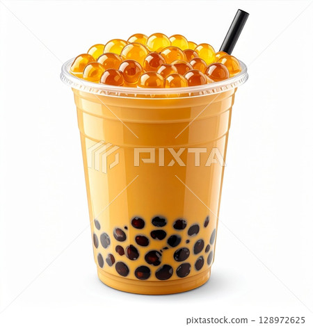 Refreshing Bubble Tea with Tapioca Pearls in Clear Plastic Cup with Black Straw Refreshing Bubble Tea with Tapioca Pearls in Clear Plastic Cup with Black Straw 128972625