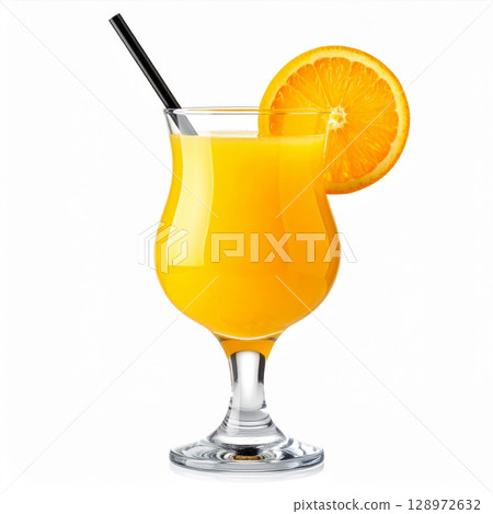 Glass of Vibrant Orange Juice with Black Straw and Citrus Slice on White Glass of Vibrant Orange Juice with Black Straw and Citrus Slice on White 128972632