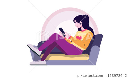 Girl Using Smart Phone While Sitting on Sofa 128972642