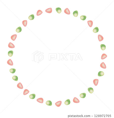 Round wreath of sea glass in hand drawn watercolor style. Translucent pink and green pebbles form a coastal circle. Perfect for summer card template design and other tropical holiday projects. Round wreath of sea glass in hand drawn watercolor style. Translucent pink and green pebbles form a coastal circle. Perfect for summer card template design and other tropical holiday projects. 128972705