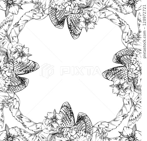 Strawberry leaves flowers garland frame, pineberry strasberry snakeberry ripe garden berries. Hand drawn in vector ink. Isolated square border illustration. Wedding stationery menu, grocery shop cards 128972721