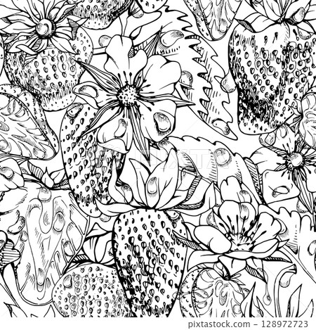 Strawberry ripe garden berries, flowers leaves in water dew drops hand drawn in vector ink. Seamless isolated pattern. Home preserves, textile washi tape, food store decor, recipe book, dessert menu 128972723