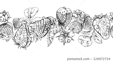Strawberry ripe garden berries, flowers in water dew drops. Seamless isolated banner garland hand drawn in vector ink. Home preserves, textile washi tape, food store decor, recipe book, dessert menu 128972724