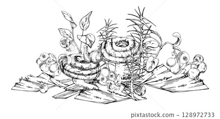 Lactarius milk-cap russula striped mushroom fungus, snail on cap, blackberry cranberry lingonberry blueberry, horsetail plant on bark with moss lichen growth. Illustration hand drawn in vector ink. Lactarius milk-cap russula striped mushroom fungus, snail on cap, blackberry cranberry lingonberry blueberry, horsetail plant on bark with moss lichen growth. Illustration hand drawn in vector ink. 128972733
