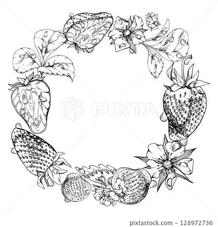Strawberry berries full and cut in half, flowers leaves wreath, water splash dew drops. Ripe garden pineberry strasberry. Isolated hand drawn vector ink circle frame. Dessert menu, food packaging 128972736