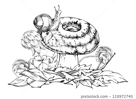 Lactarius milk-cap russula striped mushroom, snail on cap, cloudberry berries, dried pine needles, autumn leaves pile. Fungus nature illustration hand drawn in vector ink. Forest floor woodland scene 128972740